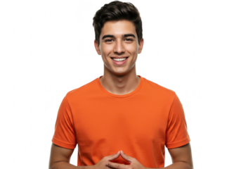 A young man with dark hair and a wide smile, looking directly at the camera with his hands clasped in front of him, isolated on a transparent background