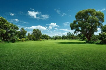Serene Green Park Landscape: Lush Grass, Mature Trees under a Sunny Sky, Tranquil Outdoor Nature Scene