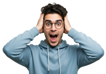 A young man with dark hair and glasses, looking shocked with his mouth wide open and hands on his head, isolated on a transparent background
