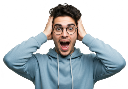 A young man with dark hair and glasses, looking shocked with his mouth wide open and hands on his head, isolated on a transparent background
