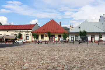 STARY SACZ, POLAND - JULY 12, 2025: Cobbled main market square in Stary Sacz, Poland.