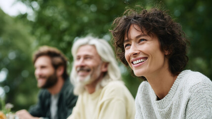 Joyful woman with friends enjoying outdoor gathering. Captures connection, happiness, and the beauty of shared moments. Ideal for lifestyle, wellness, and community themes.