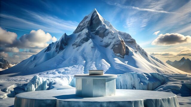 Snowcapped mountain peak with an icy platform in foreground