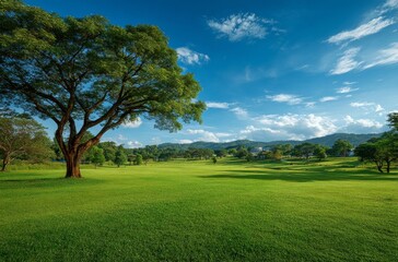 Obraz premium Lush Green Fairway, Majestic Tree, Hillside Setting under a Blue Sky.