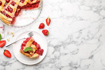 Tasty strawberry pie and berries on white marble table, flat lay. Space for text