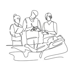 One continuous single drawing line art flat doodle doctor, patient, hospital, discussion, nurse, talking, interns, training. Isolated image hand draw contour on a white background, hand drawn, not AI