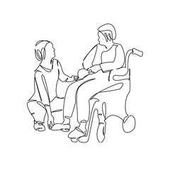 One continuous single drawing line art flat doodle woman, nurse, wheelchair, care, support, female, assistance, disability. Isolated image hand draw contour on a white background, hand drawn, not AI