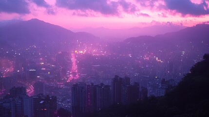 Obraz premium Cityscape at twilight, vibrant purple hues