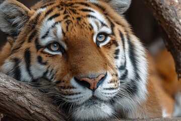 Fototapeta premium Tiger resting head on log, close up of face and amber eyes in daytime