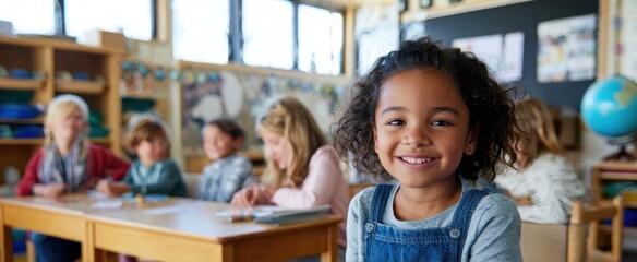The smiling girl engaging happily in a vibrant classroom setting.