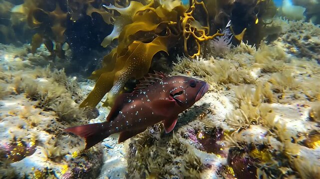 A beautiful Western Blue Groper with bright blue spots hovers calmly amidst a sunlit kelp forest in clear ocean water