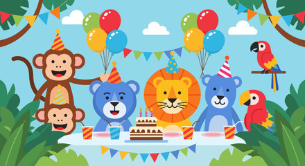 Obraz premium Cheerful Animal Birthday Party with Cake, Balloons, and Festive Decorations.