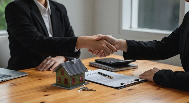 Real estate deal handshake, property purchase agreement, house models and keys.