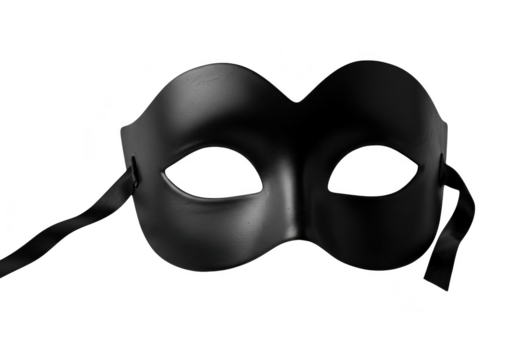 A black masquerade mask with ribbons is shown against a transparent background