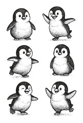 Fluffy baby penguins in joyful and playful poses, drawn in charming black and white sketch style. © Chairul