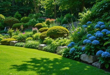 Obraz premium Tranquil green garden with hydrangea flowers and rounded shrubbery