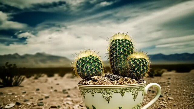 Desert landscape with cactus in teacup