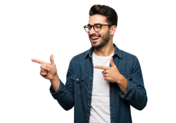 Man with glasses and beard laughing and pointing to the side, isolated on transparent background