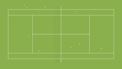 Balls are spread across a tennis court during practice.