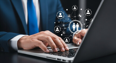 A businessman is working on a laptop with a social network overlay