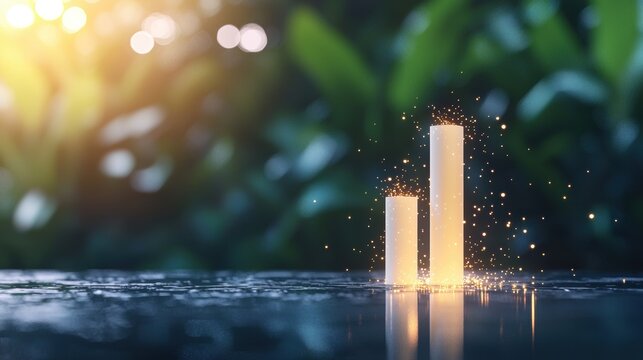 Visualization 3D bar chart with glowing financial data in a futuristic office.