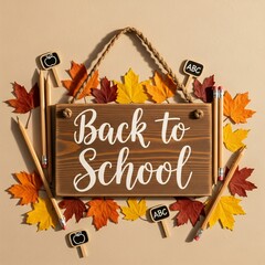 Wooden Sign Hanging on Wall with Painted “Back to School” Text and Fall Leaves Decoration