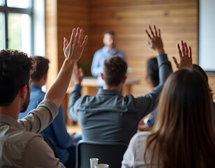 Diverse group of people raising hands to ask questions during a presentation