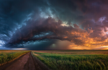 A photo of an intense supercell thunderstorm over the Great Plains, with dramatic clouds and rain in shades of dark blue and white.
