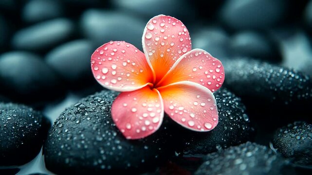 Relaxing spa scene with frangipani flower on black stones with water drops design