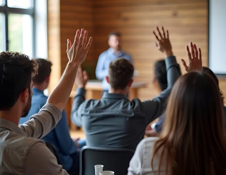 Diverse group of people raising hands to ask questions during a presentation