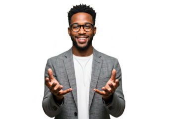 A smiling man in glasses and a suit, with open hands, isolated on a transparent background