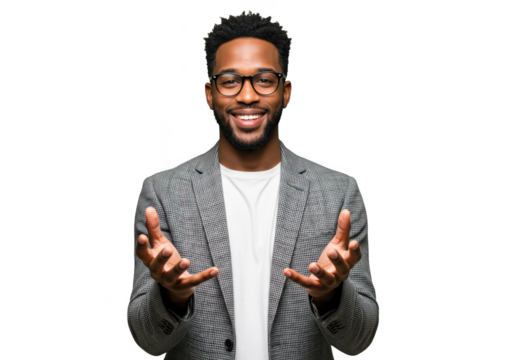 A smiling man in glasses and a suit, with open hands, isolated on a transparent background