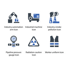Automation arm, Machine, Smoke pollution, Pipeline pressure gauge, Radiation caution, Worker uniform, icon