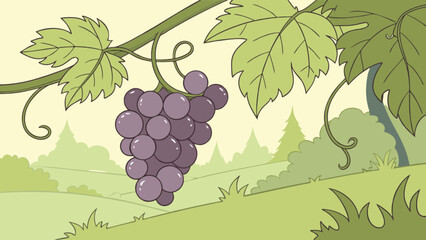 Obraz premium Illustration of grapes on the vine with leaves in a vineyard cartoon landscape background image vector