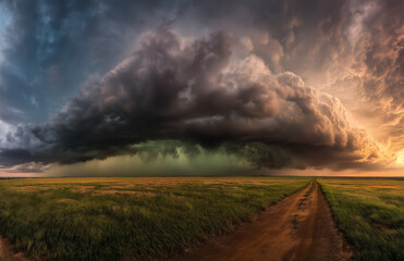 A photo of an intense supercell thunderstorm over the Great Plains, with dramatic clouds and rain in shades of dark blue and white.