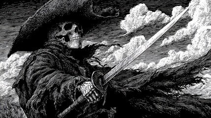 Fototapeta premium Skull pirate with sword, dark clouds