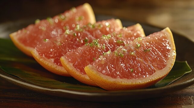 Sliced grapefruit segments, sugared and garnished, on a plate