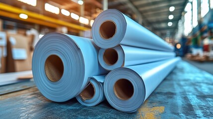 Stacked large format printing paper rolls for industrial use showcasing quality and scale