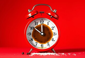 Red alarm clock overflowing with coffee, vibrant red background,  color,  vintage