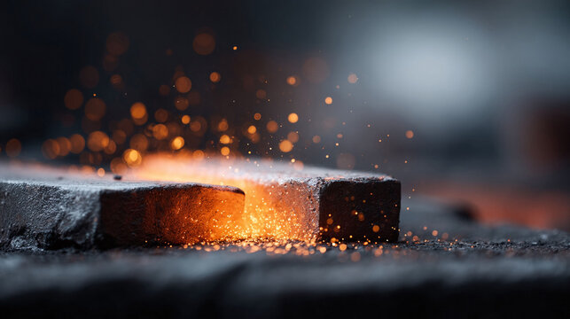 Molten metal with flying sparks, signifying creation, industry, and raw power. Intense light and dark contrast gritty, industrial aesthetic. Excellent for backgrounds.