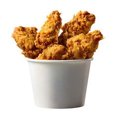 Crispy fried chicken tenders in a white bucket against a transparent background, a delicious fast food meal perfect for snacking.