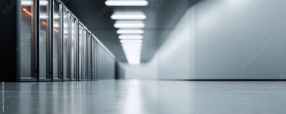 Poster sleek data center with rows of server racks illuminated by soft light. evokes data storage, processi