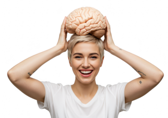A happy young woman with short hair holds a brain model on her head, isolated on a transparent background