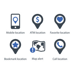Mobile location, ATM location, Favourite location, Bookmark location, Map alert, Call location, icon