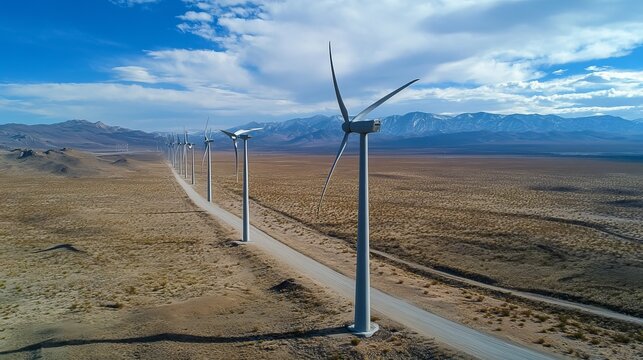 Wind turbines line a desert road, against a backdrop of mountains and a partly cloudy sky