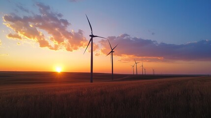Obraz premium Wind turbines silhouetted against a vibrant sunset over a golden field