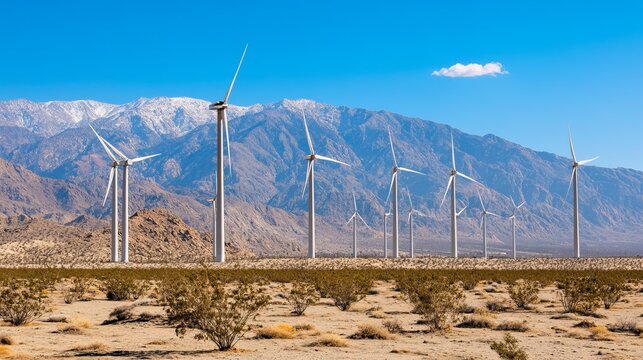 Wind turbines stand tall against a backdrop of desert mountains