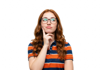 A young woman with curly hair and glasses ponders with her hand on her chin, isolated on a transparent background