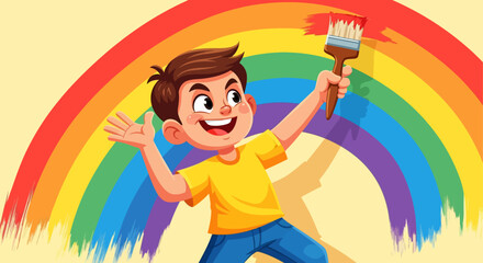 Joyful Child Painting a Colorful Rainbow
