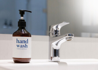Bathroom hygiene routine modern hand wash bottle dispenser cleanliness freshness scent skincare...